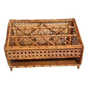 Vtg MCM Bamboo Wicker Rattan Letter Holder Mail Organizer Desk Storage Caddy